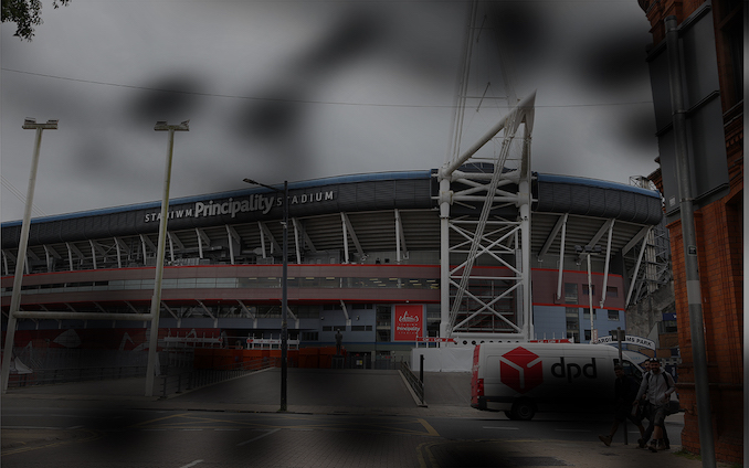 RNIB Cymru photograph showing the impact of diabetic retinopathy on the view of Wales' millenium stadium