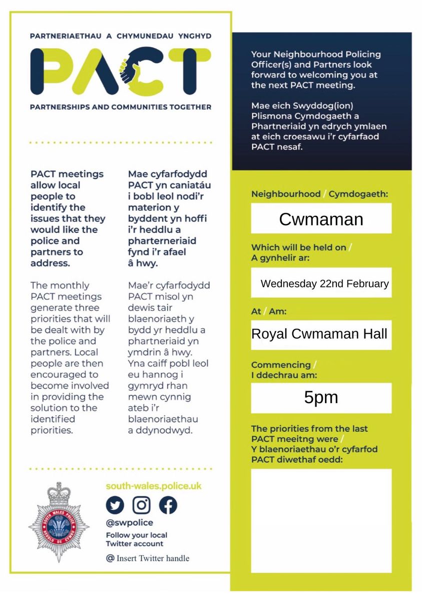 The PACT meeting for Residents of Abercwmboi Aberaman Cwmaman is Wednesday, 22nd February at Cwmaman Royal Hall.