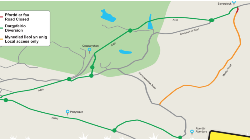 Traffic Management Information: Merthyr Road (B4276), Llwydcoed Closure from Monday 18 September 2023 for six weeks.